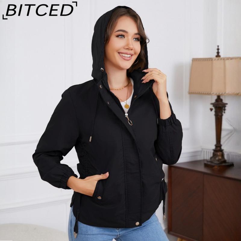BITCED Spring/Autumn Casual Trench Coat for Women Loose-Fit Windproof Jacket with Hood Long-Sleeved Windbreaker
