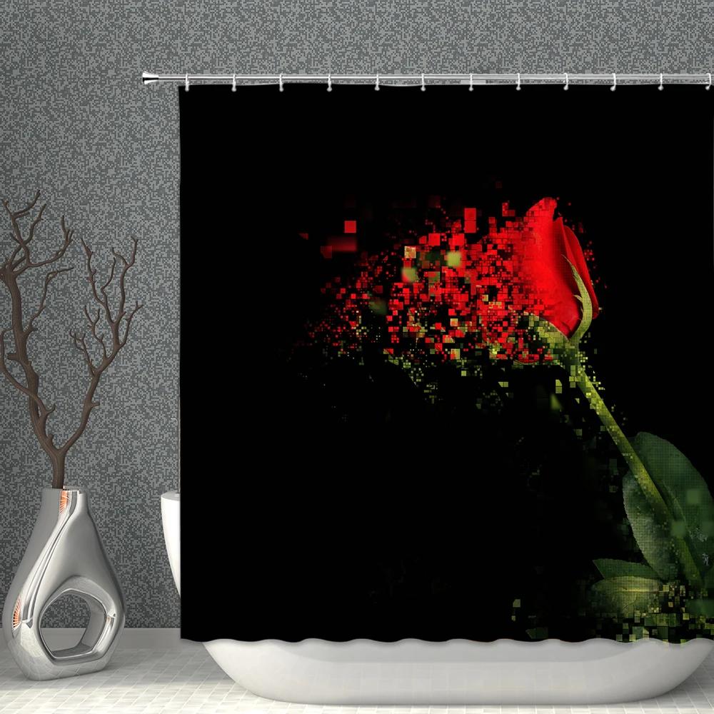 Rose Shower Curtain Set Romantic Valentine's Day Flower Waterproof Polyester Cloth Curtains Bathroom Home Decor With Hooks