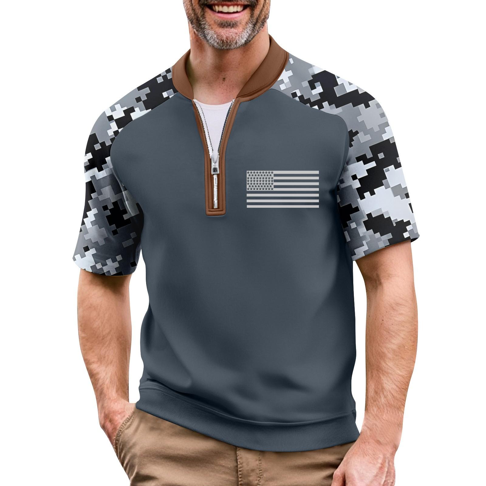 

Men s Summer Camouflage Raglan Sleeve Casual T-Shirt Sports Flag Printed Zipper Neck Top XL білий