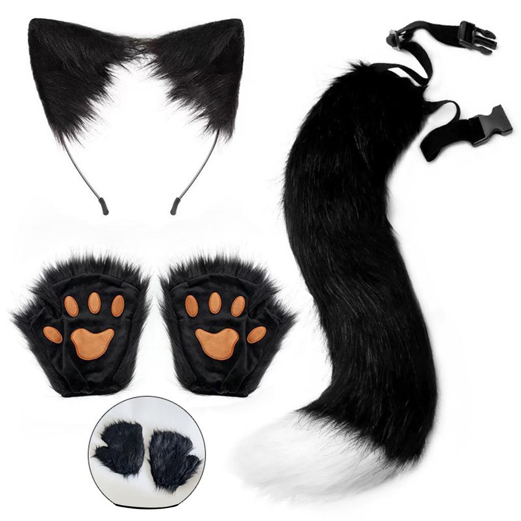 Faux Fur Cat Ears Hair Hoop with Adjustable Tail And Paw Gloves Accessories Set for Halloween Cosplay