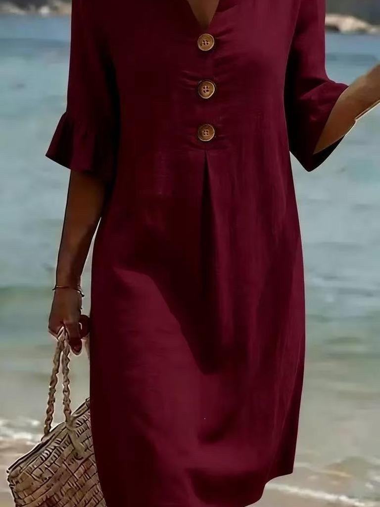 Summer New Cotton Linen V-Neck Buttoned Ruffled Sleeve Dress for Women