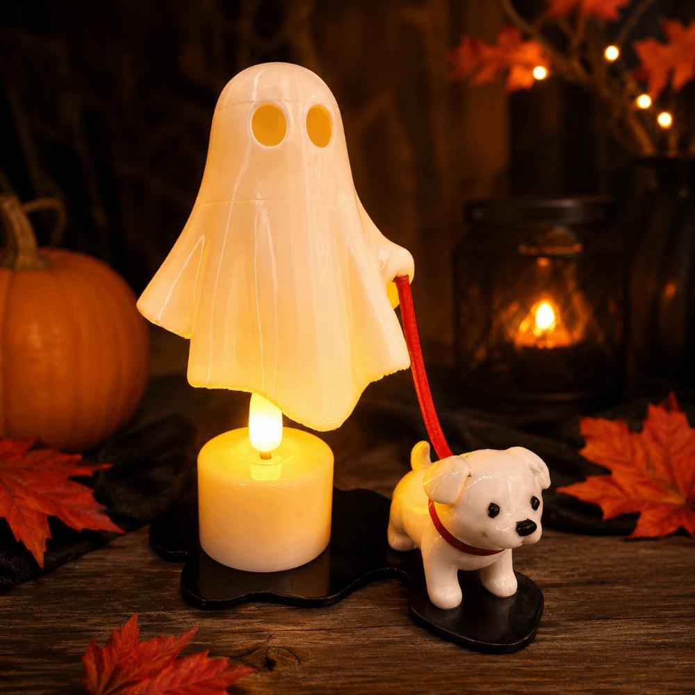 3D Printed Dog-Walking Ghost Decor Ornaments Creative Halloween Decorations Cute Funny Ghost Figurine Holiday Party Scenes