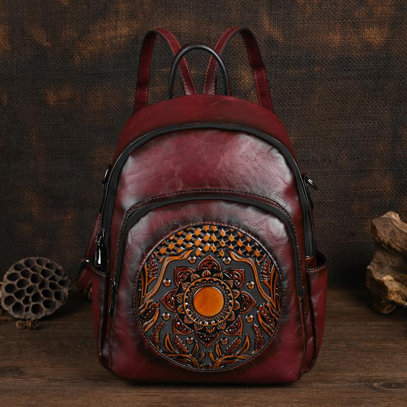 Johnature Zaino da donna vintage fatto a mano con totem in rilievo, grande capacità, borse da viaggio per il tempo libero