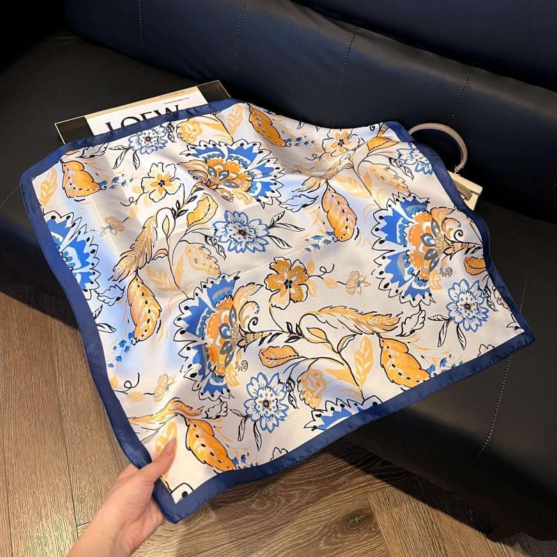 Fashion Black and White Printing Temperament Square Scarf Imitation Silk Korean Version Decorative Scarf Scarf Professional Decorative Shawl Silk Scar