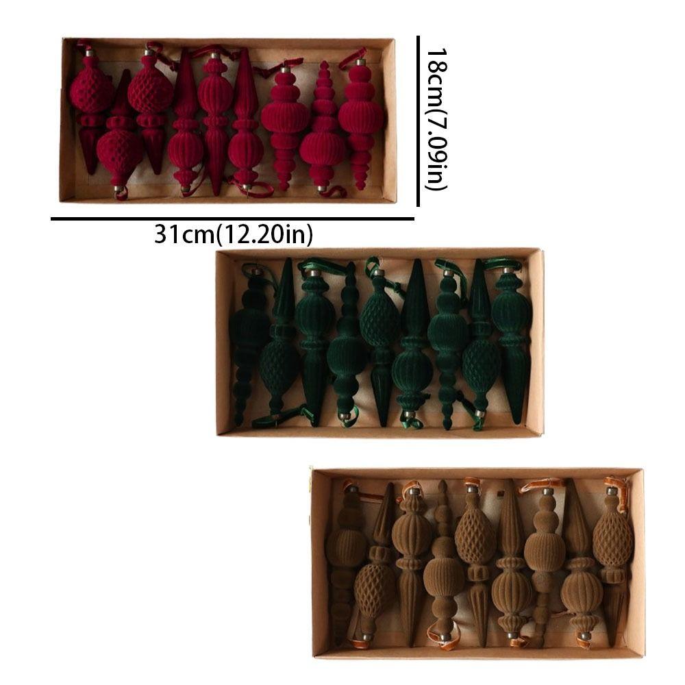 9Pcs Solid Color Velvet Christmas Ball Set Vintage Long Finial Hanging Ornaments New Year
