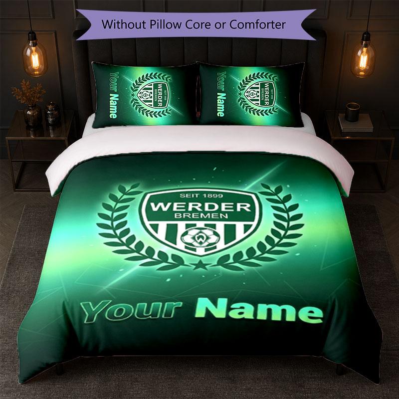 Set Biancheria da Letto Personalizzato Werder Bremen FC con Nome Testo 1 Copripiumino+2 Federe Logo Calcio Regalo Personalizzato per Occasioni Speciali Decorazione Camera da Letto