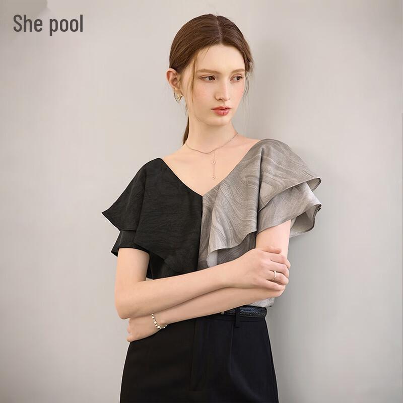 

Women s V-Neck Ruffle Short Sleeve Color-Block Blouse XXL