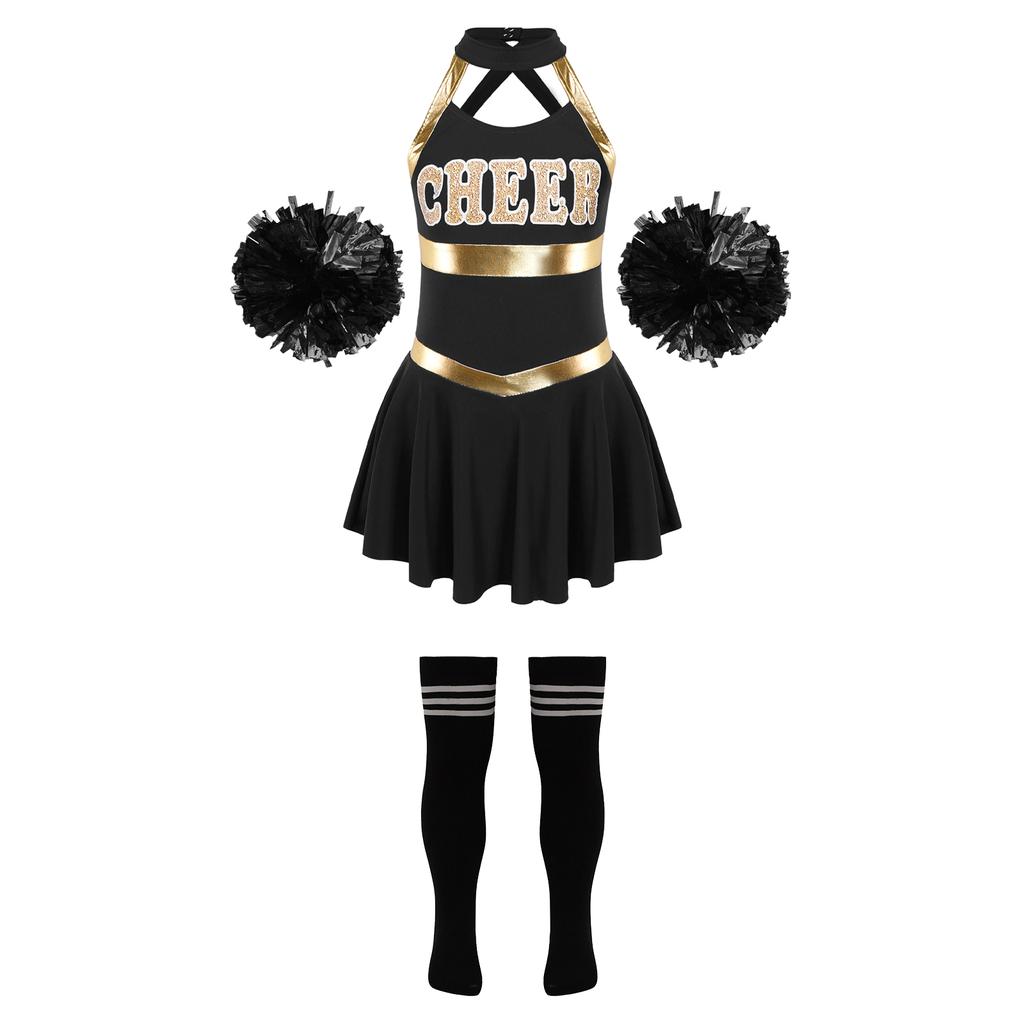 Girls Cheer Costume Sleeveless Crisscross Back Letter Print Patchwork Dress Pom Poms Striped Socks Set