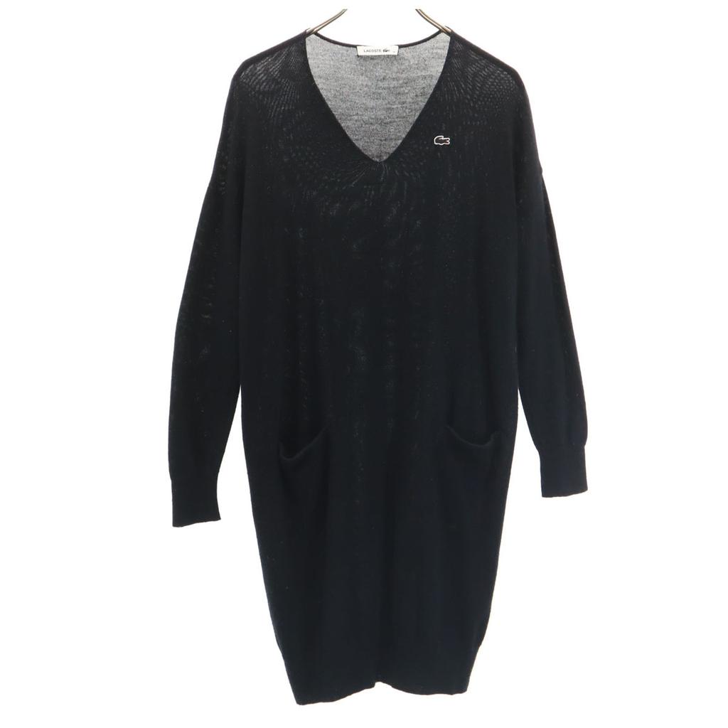 LACOSTE Made in Japan 100% wool Long sleeve V neck one piece 36 black Women Used