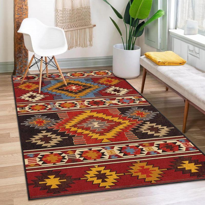 African American Tribal Geometric Area Rug Washable Carpet for Bedroom Living Room Kitchen Entrance Non Slip Flannel Carpets