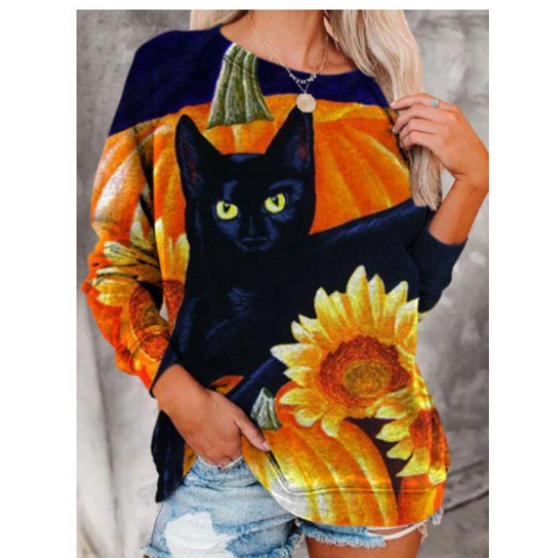 Autumn 3D Halloween Black Cat & Pumpkin Printed Sweatshirts Fashionable Casual Sports Long Sleeved Women's Hooded Sweatshirts