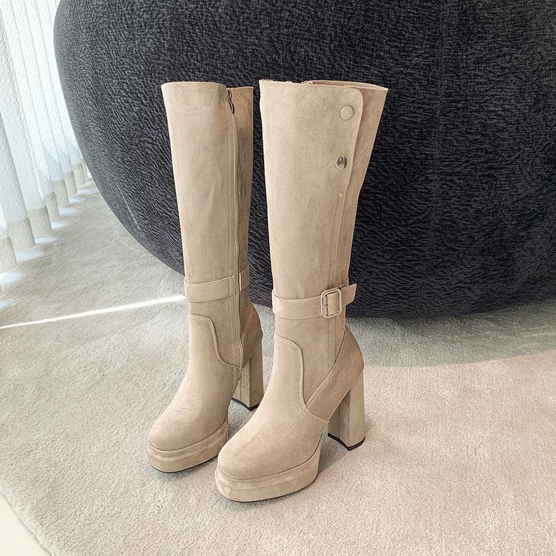 High-heeled boots 2025 autumn and winter new small waterproof table suede thick-heeled fashion boots women's thin Martin boots