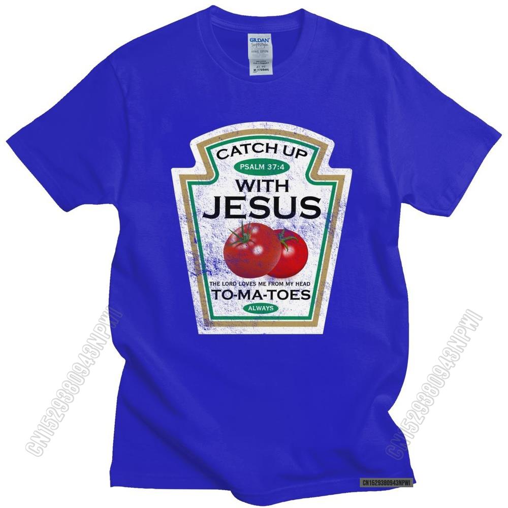 Lustiges Catch Up With Jesus T-Shirt Herren Vintage Vegan Tomaten T-Shirt Christliches Geschenk Veganismus O-Ausschnitt Baumwoll-T-Shirt Merchandise