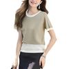 Summer hook lace hollow splicing round neck women's color matching knitted top