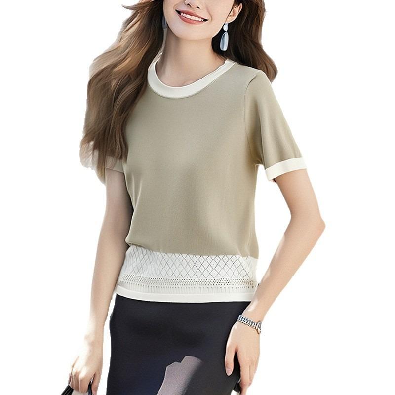 Summer hook lace hollow splicing round neck women's color matching knitted top