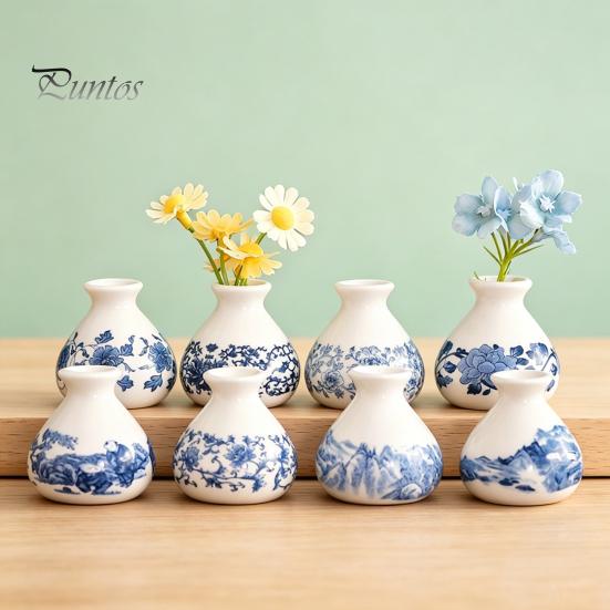 Miniature Flower Pot for Succulents Small Blue and White Porcelains Vase, Mini Chinoiserie Bud Vintage Ceramic Decorative Desktop Planter Oriental