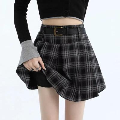 2026 Herbst Damen Retro Khaki Karomuster Falten High Waist A-Linie Kurzer Rock mit Schlankmachendem Schnitt
