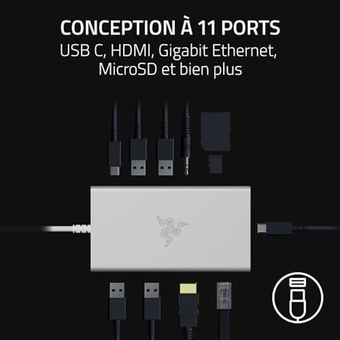 Razer Station D'accueil USB-C - 11 Ports Avec HDMI, Gigabit Ethernet, Port Audio 3,5 Mm, USB-A Et -C, Compatible Avec Windows Et