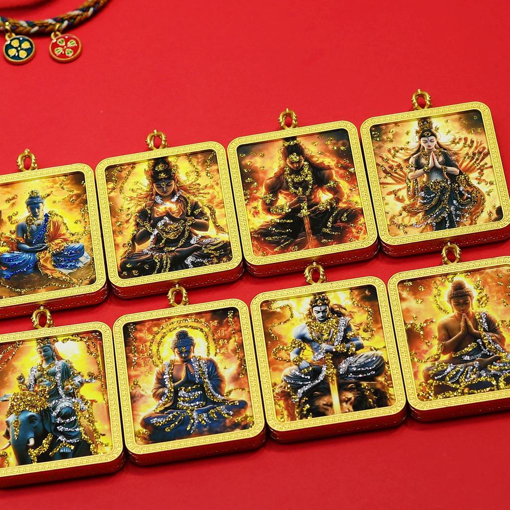 Hand-Painted Gold Thangka Zodiac Amulet Necklace with Guardian Deities Pendant