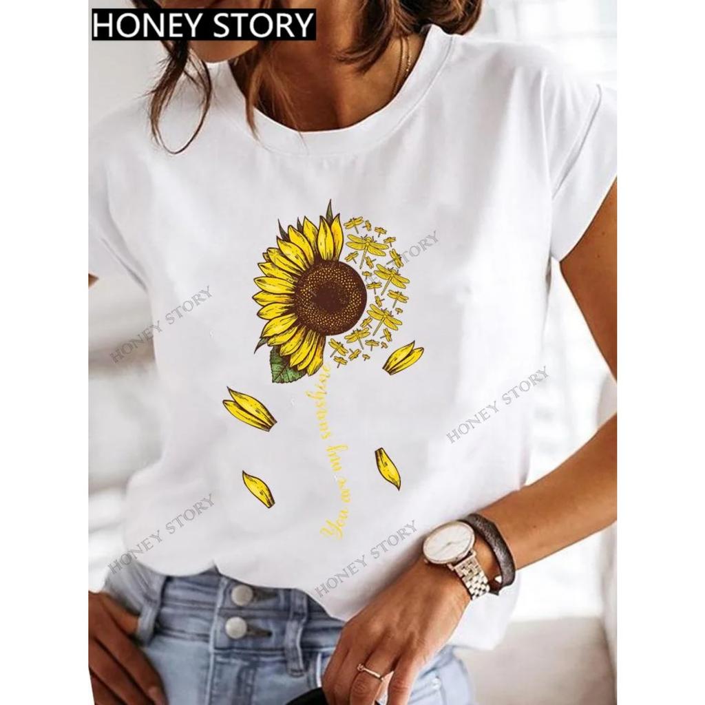 Dragonfly butterfly print blouse loose women's short-sleeved T-shirt round neck casual fashion daily