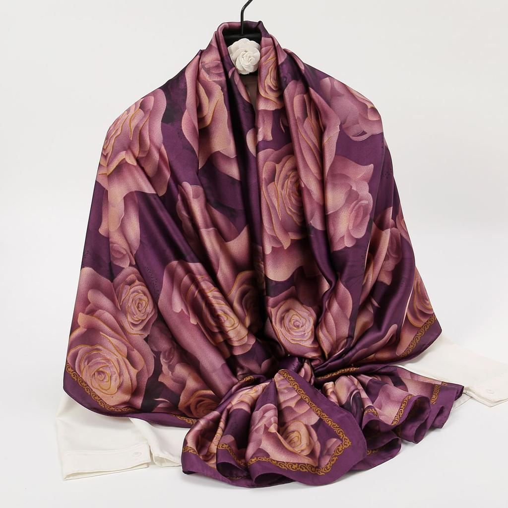 Botanischer Rosenblumen-Blumenschal aus Satin, langer Seidenschal, Geschenk für Mama, Sonnenschutz, Außenschal