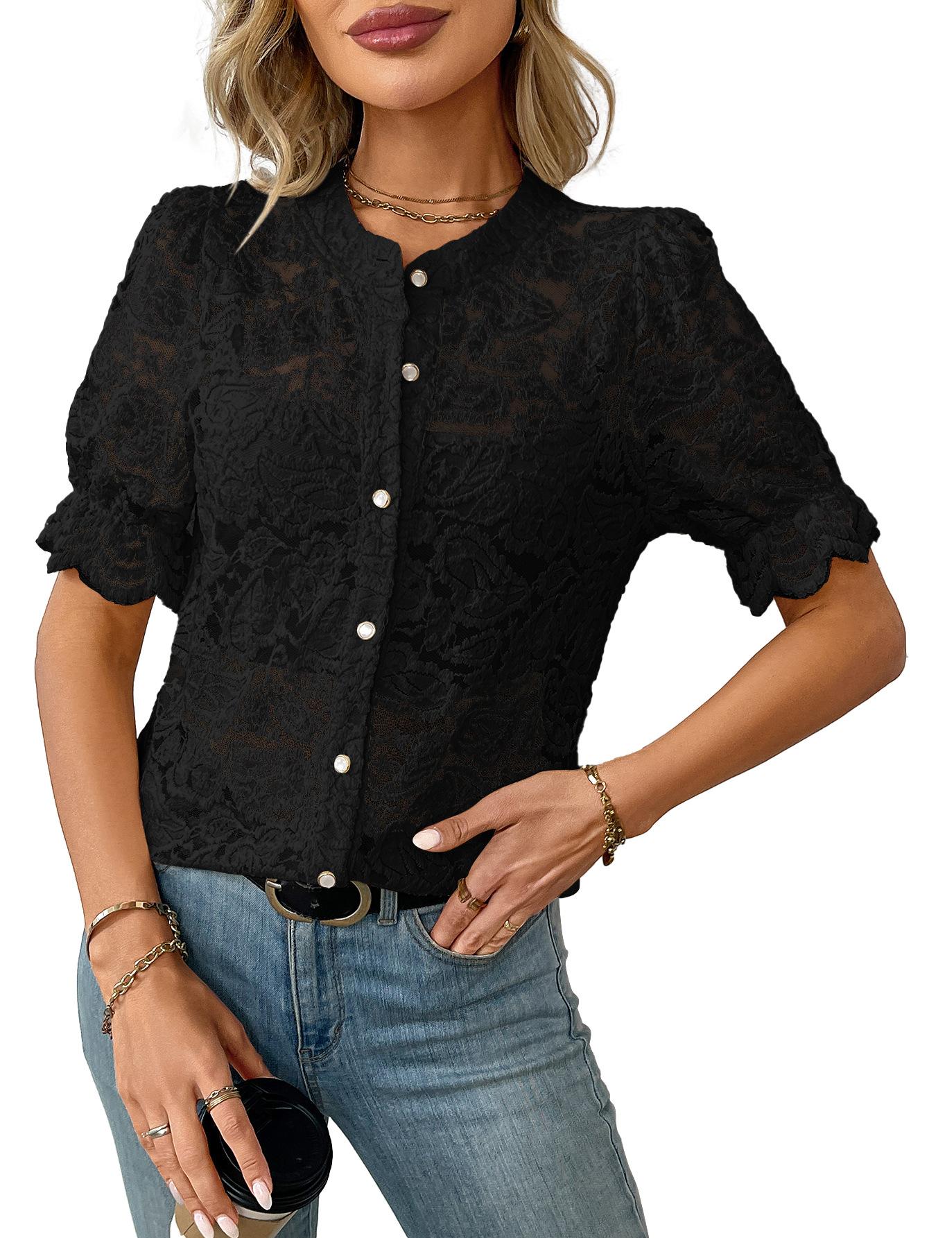 New European and American women s summer lace short-sleeved casual shirt button-down shirt S чёрный
