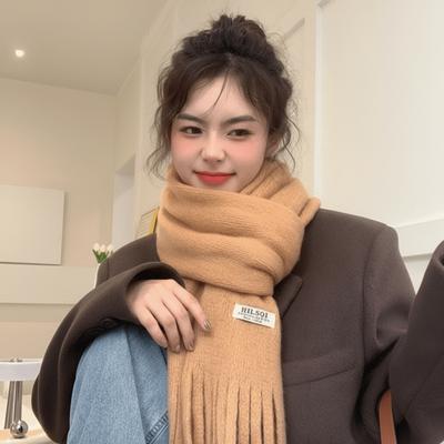 Elegant Long Tassel Winter Wool Scarf Thicken Plush Winter Cashmere Scarves Solid Color Korean Style Long Shawl Student