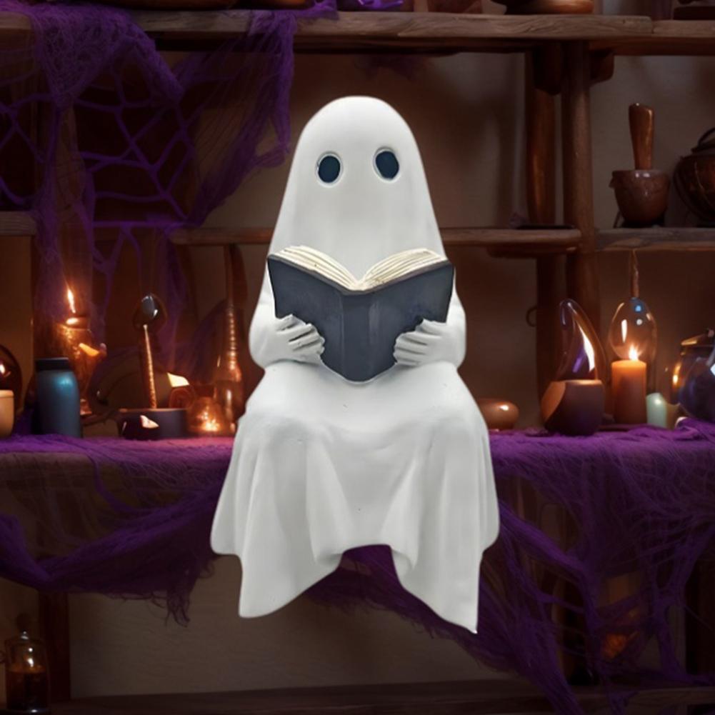 Halloween Cute Ghost Statue Reading Book Ghost Resin Sculpture Ornament Lovely Figurine for Office Home Tabletop Decoration Gift