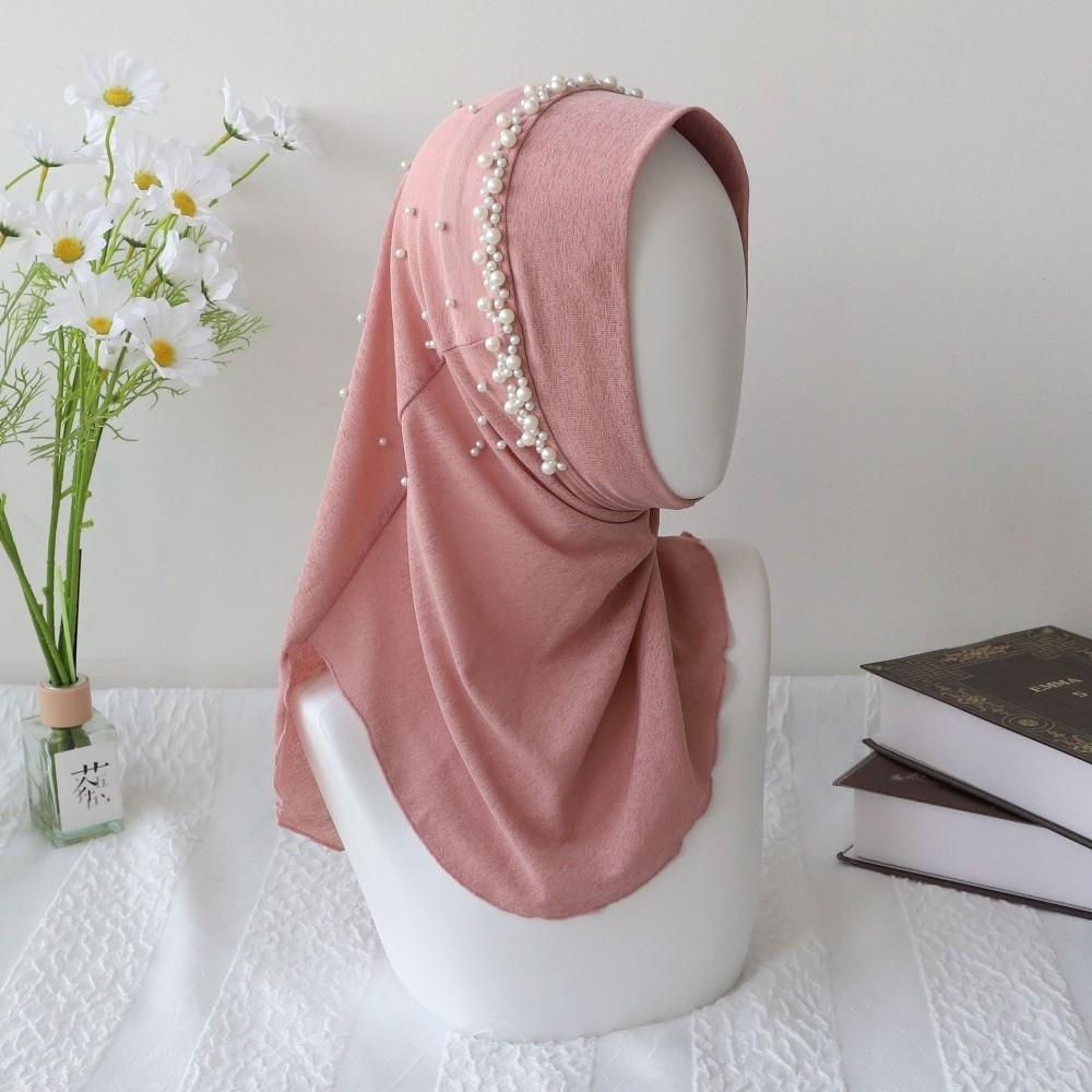 Pull On Style Hijab Scarf Solid Color Sun Protection Headscarf Cute Beads Hijab Girls