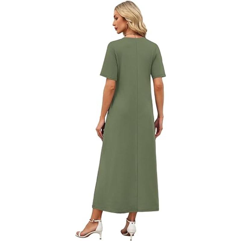 JKASHDK Women's Fashion Summer Spring Solid Color Print Short Sleeve V-Neck Loose Waistline Casual Dresses