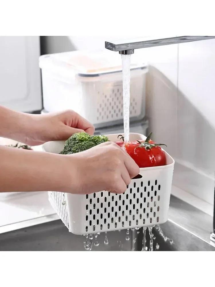 Multipurpose Refrigerator Storage Container with Drain Basket Crisper and Storage Box for Fruits Vegetables 850ML