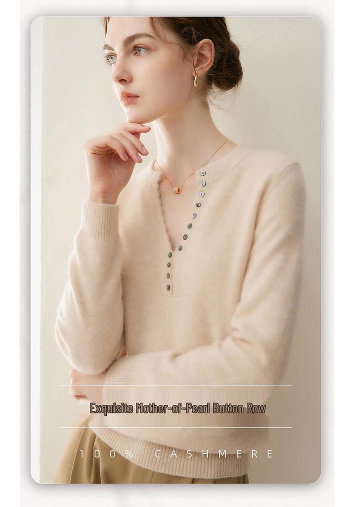 Women's Pure Cashmere Scissor Collar Knit Sweater - Autumn/Winter Loose Pullover Base Layer