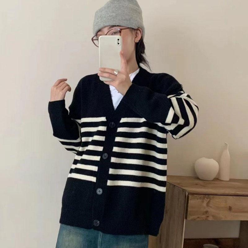 Pulover cardigan cu dungi tricotat pentru femei coreeană 2023 toamnă/iarnă design versatil sens cardigan pulover jachetă pentru femei