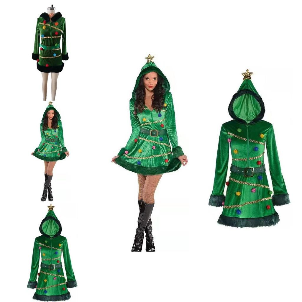 Precioso Vestido de Árbol de Navidad para Mujer Manga Larga Sombrero Cinturón Conjunto Regalo de Navidad