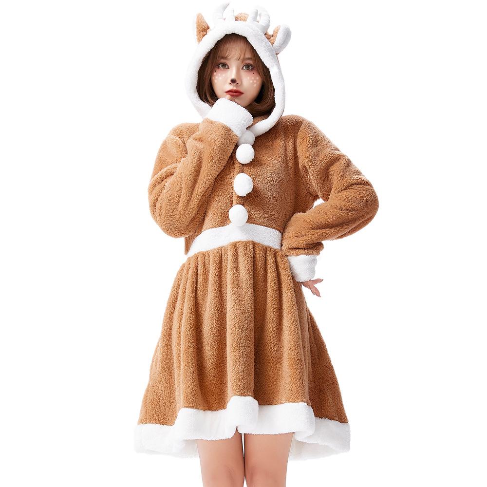 Adult Women Animals Elk Christmas Reindeer Velvet Hooded Dress Halloween Role Play Dress Up Cosplay Costume