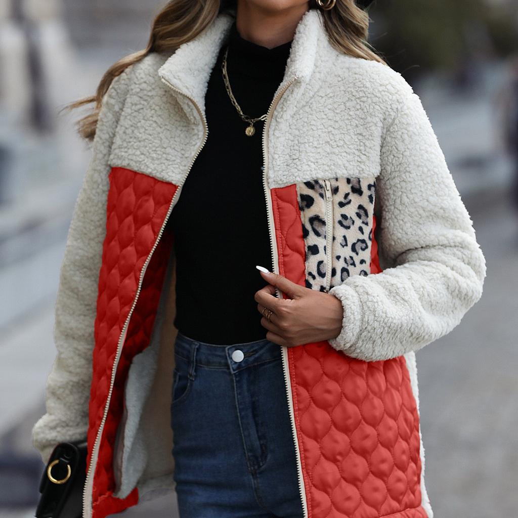 HNXC Casual Plush Women's Wear Long-sleeved Loose Round-neck Patchwork Zipper Animal Print Double-sided Fleece Coat