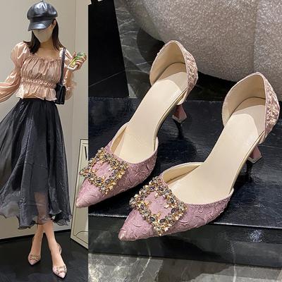 Fashion Women High Heel Pumps 6cm/9cm Pointed Toe Stiletto Low Heel Women's Shoes Office Lady Rhinestone Shoes Pink Heels Wedding
