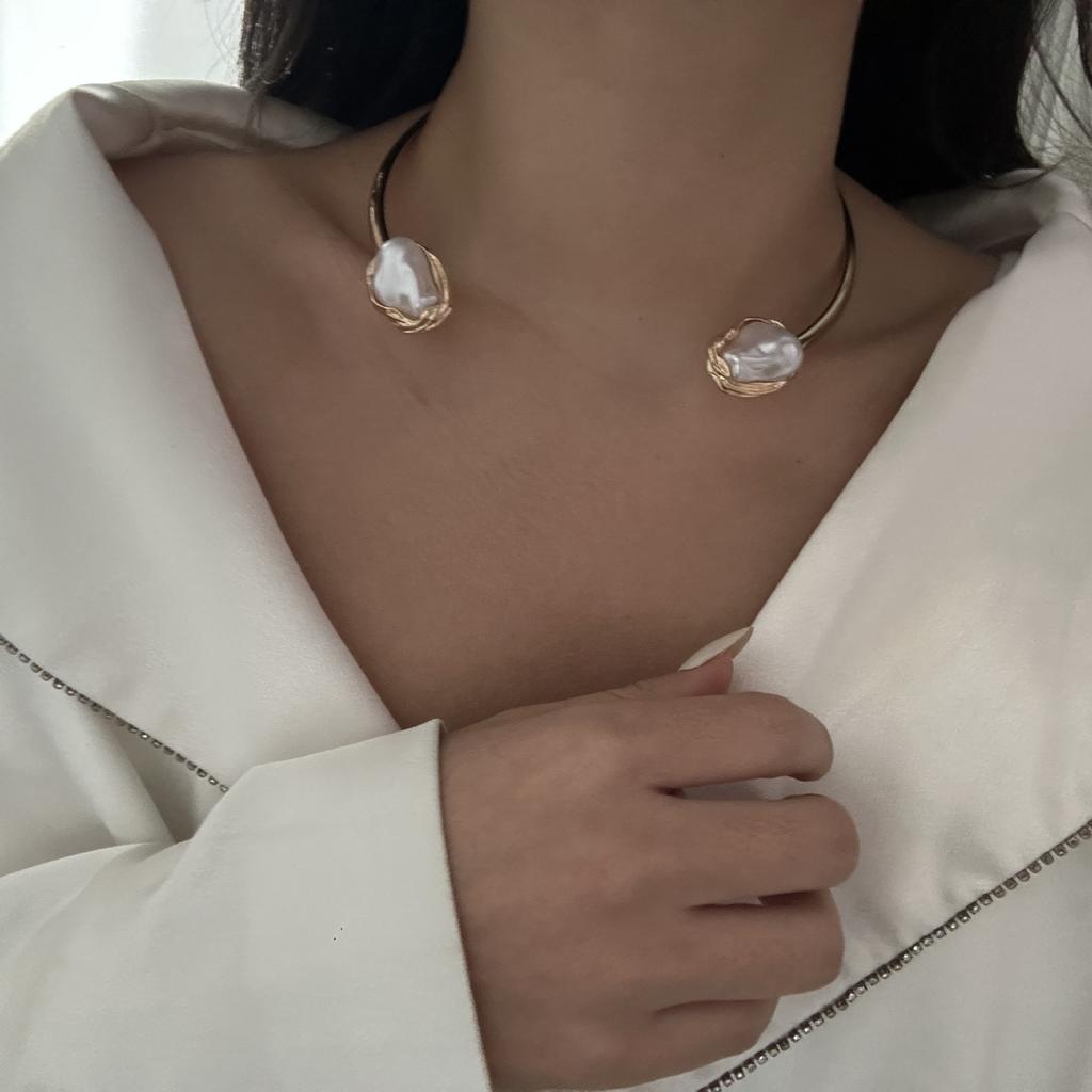 DIEZI French Style Baroque Imitation Zircon Torque Necklace Bangle Ring Set For Women Punk Gold copper Color Clavicle Zircon Set