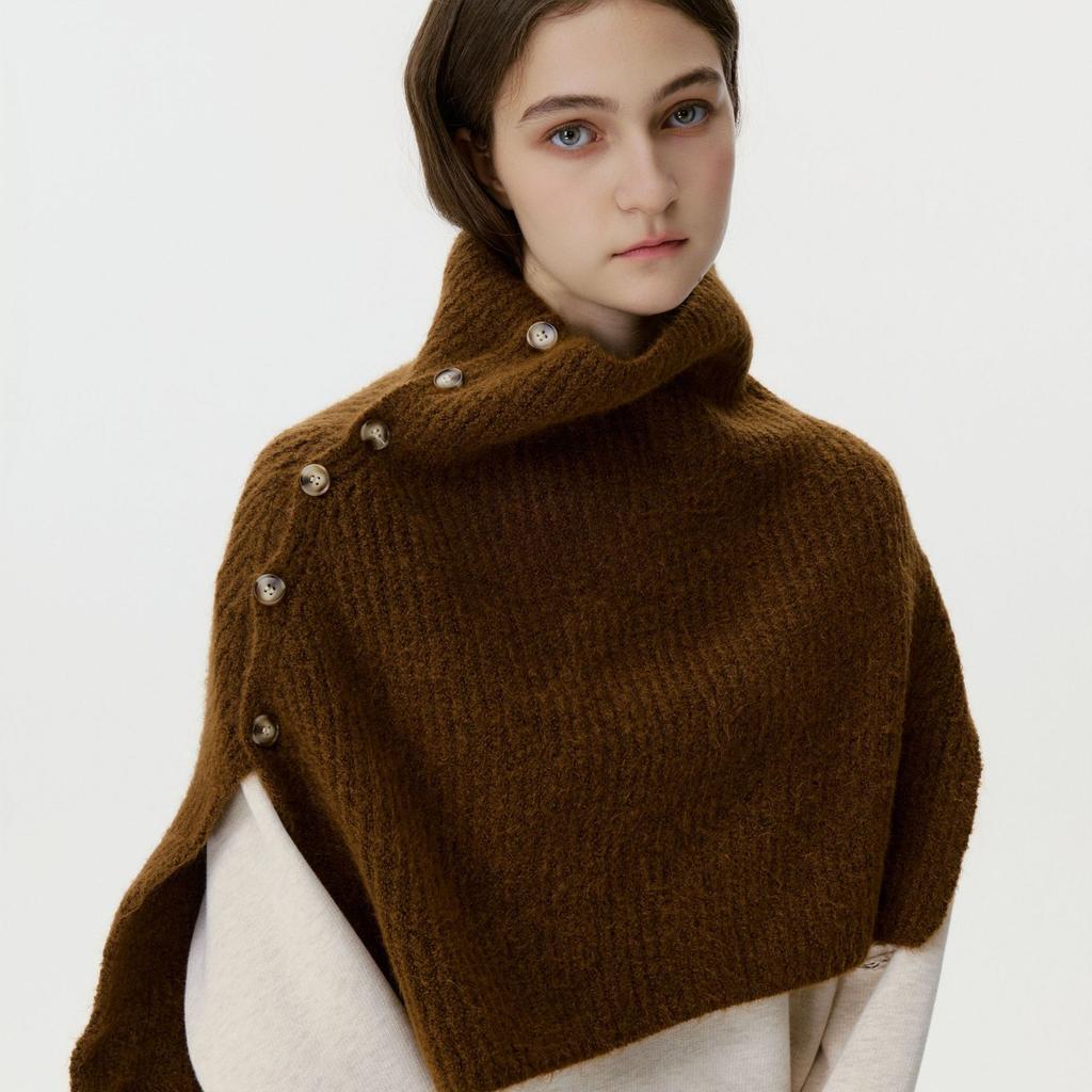 Women's Solid Color Knit Button Shawl Soft Warm Cape Coat with Slit Design Versatile Scarf for Fall Winter