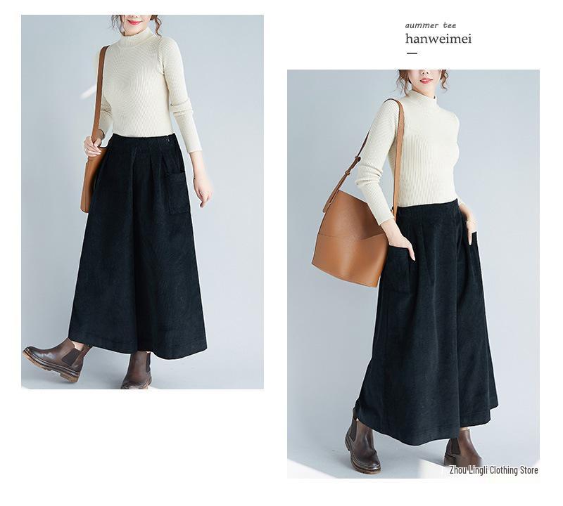 2025 Autumn/Winter Women's Corduroy Elastic Waist Wide-Leg Pants Skirt