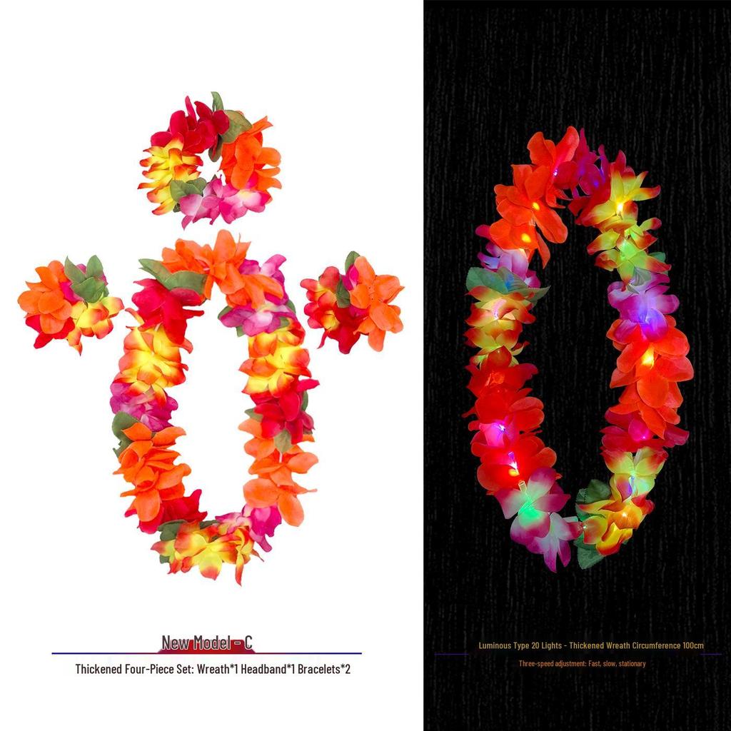 Hawaiian Luminous Flower Garland & Hula Skirt Set - Summer Costume Accessories for Annual Stage Events
