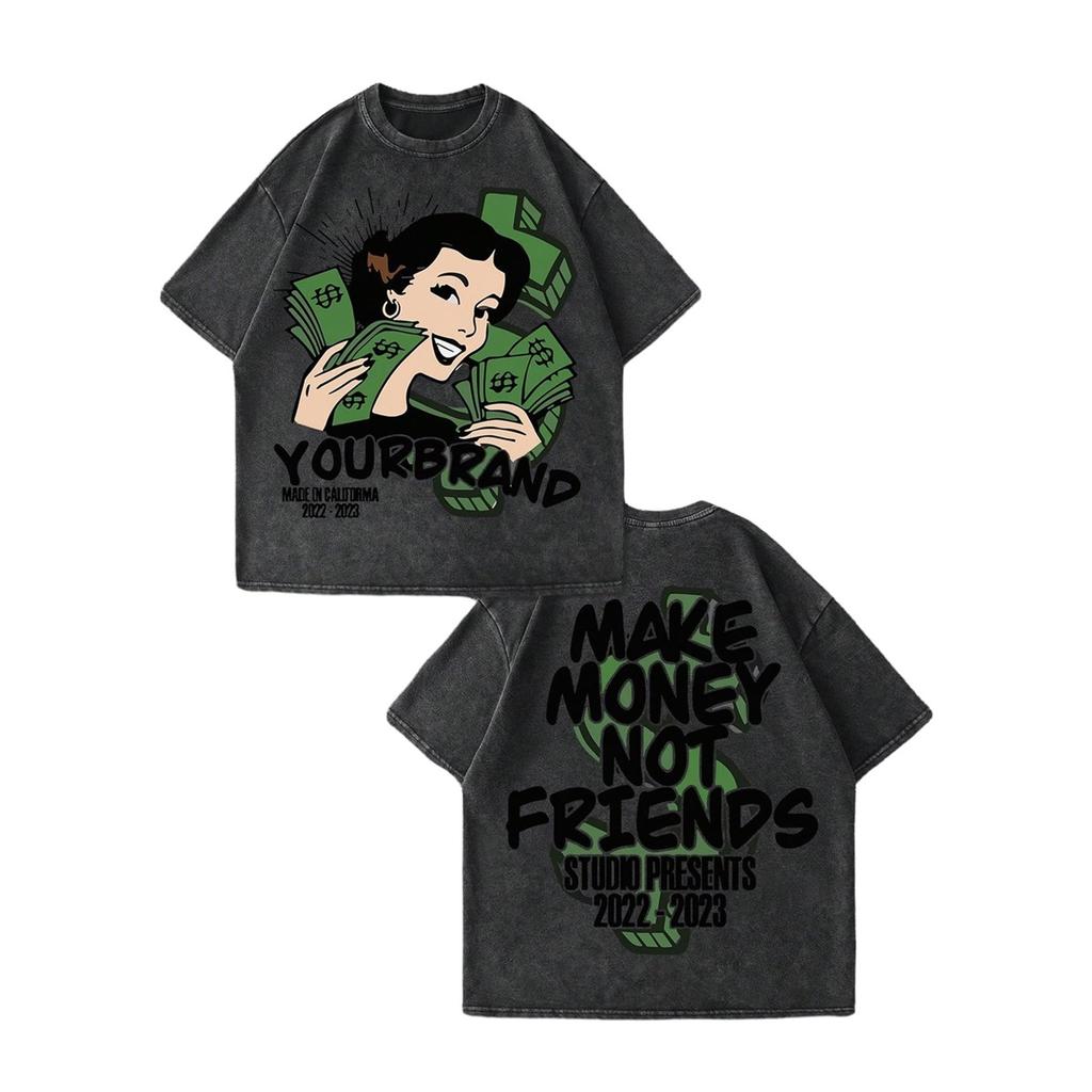Washed Double-Sided Money Girl Print 100% Cotton Oversized Short Sleeve T-shirt