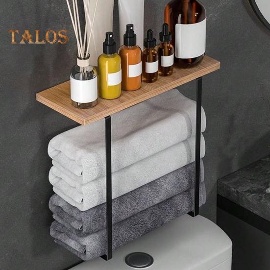 Portasciugamani da Parete con Mensola in Legno Forte Portata Facile da Installare Portasciugamani da Bagno Multifunzionale Portaoggetti