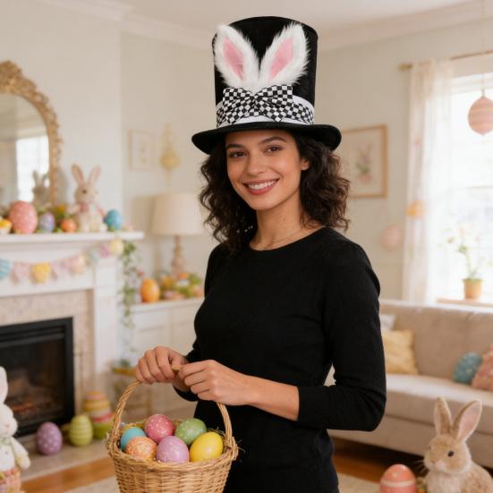 Yousheng Easter Bunny Ear Top Hat for Women Men Adults Furry Rabbit Ear Hat with Checkered Bow for Halloween Party Costume Easter Cosplay Accessory