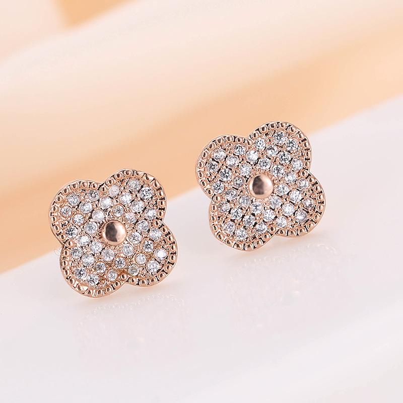 Micro Four-Leaf Clover Copper Needle Ear Studs with Rhinestones - Sweet, Girly Jewelry Niche Earrings In Stock