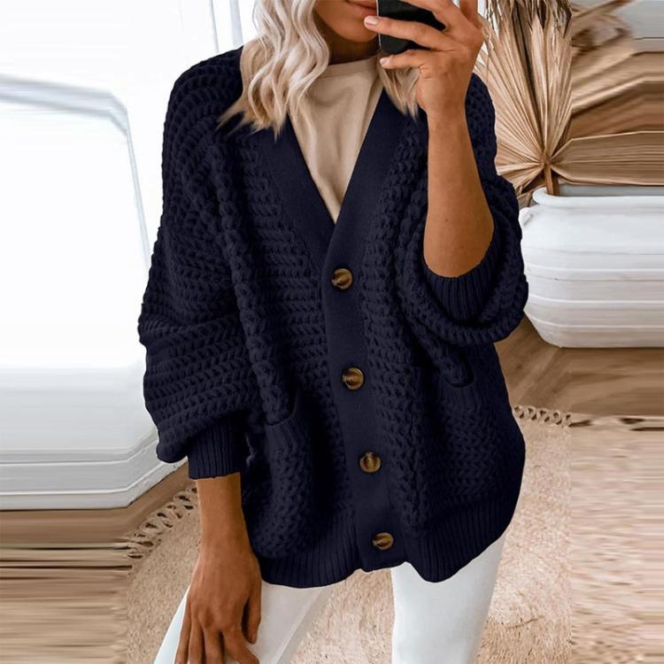 Damski sweter kardigan z grubej dzianiny na co dzień z długim rękawem zapinany z przodu jednolity kolor moda