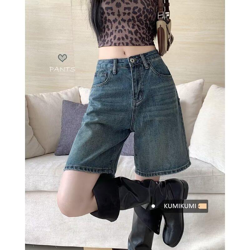

Women s Hong Kong-Style Retro Solid Color Denim Shorts - Summer Trendy Mid-Length Loose Fit (2025) 2XL