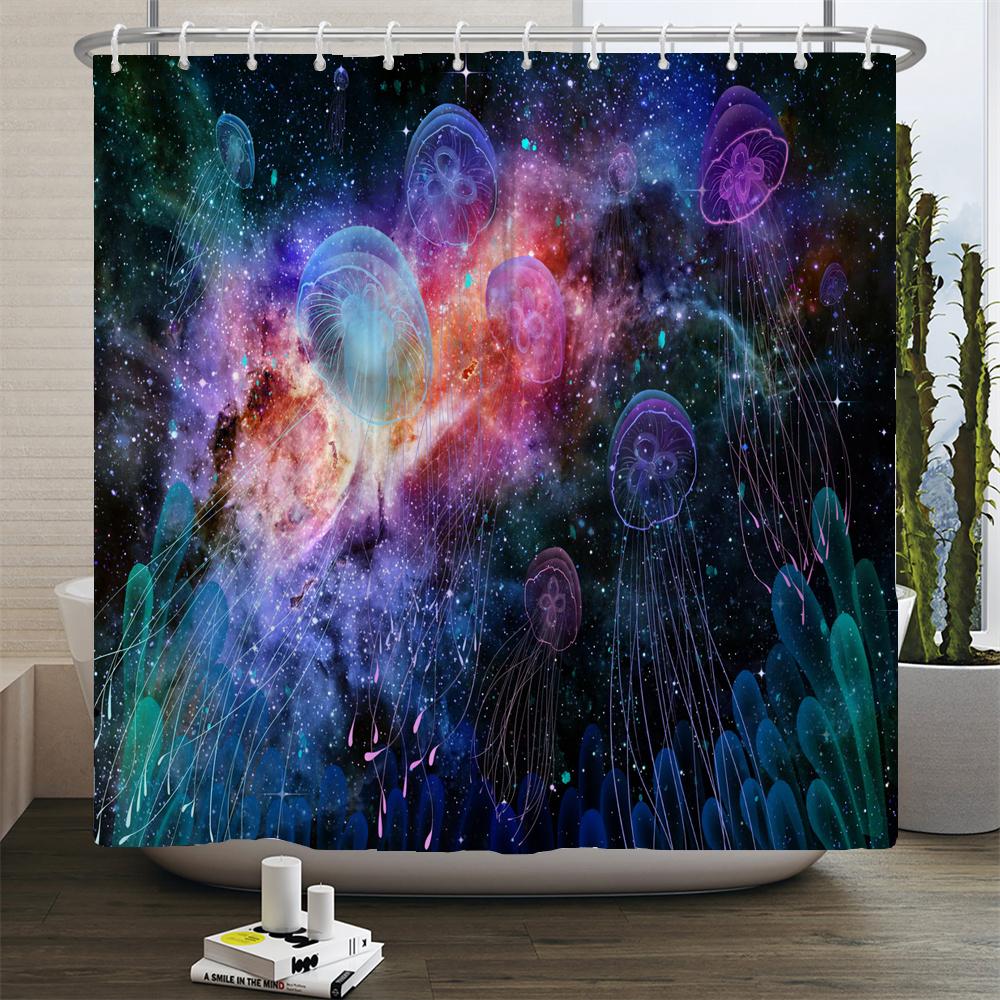 Dream Starry Sky Ocean Jellyfish Bathroom Waterproof Shower Curtain Set with 12 Hooks Bath Non-Slip Mat Rugs Toilet Seat Cover