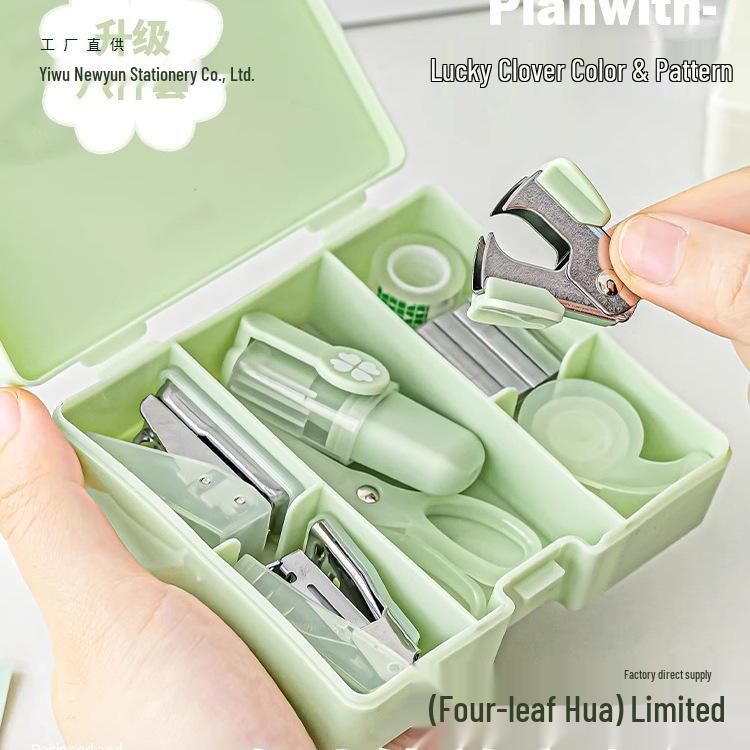 Four-Leaf Clover Mini Tool Box: Stationery Set with Stapler, Hole Punch & Marker