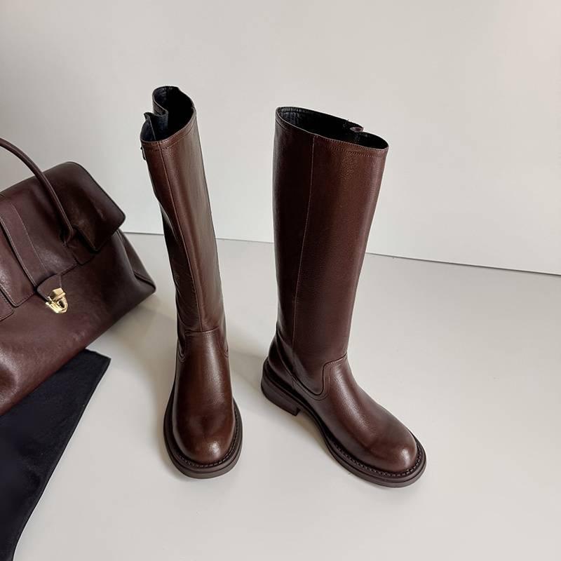 Autumn and winter women's leather boots leather large size women's boots middle heel sleeve cowhide versatile high boots new Martin boots women